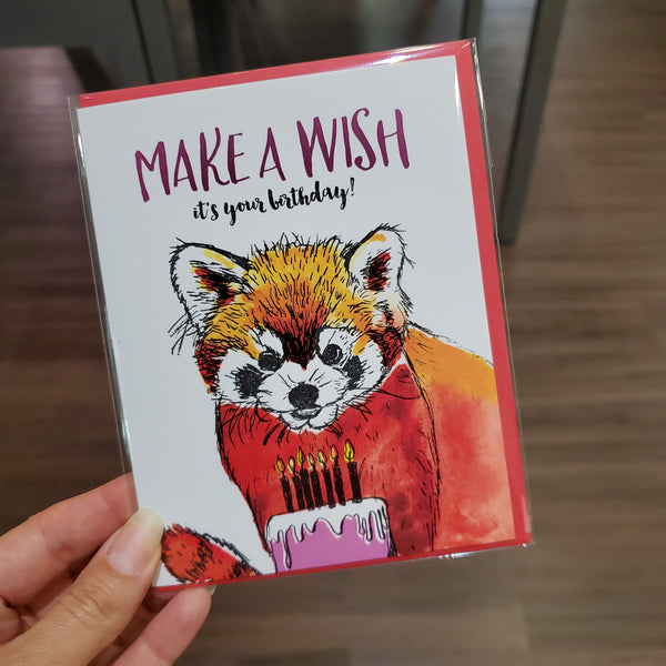 Make a wish it's your birthday, red panda letterpress printed greeting card