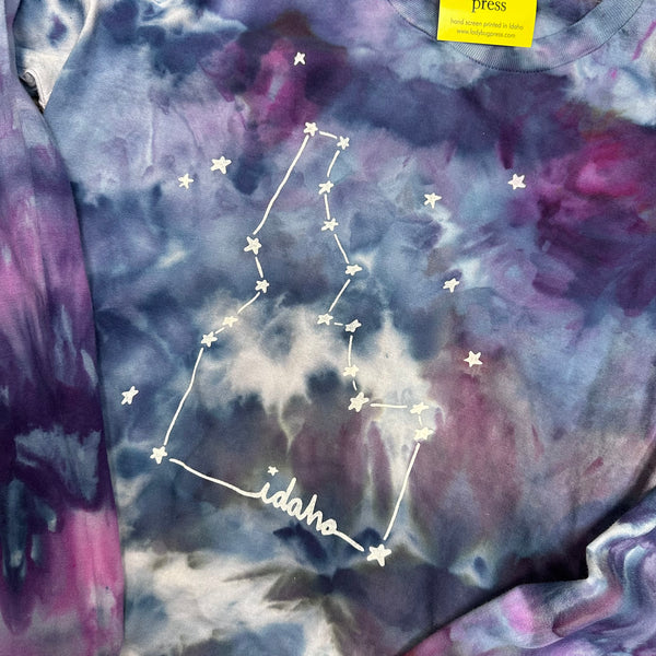 Adult Ice Dyed Idaho Constellation Longsleeve, screen printed with eco-friendly waterbased inks, adult sizes