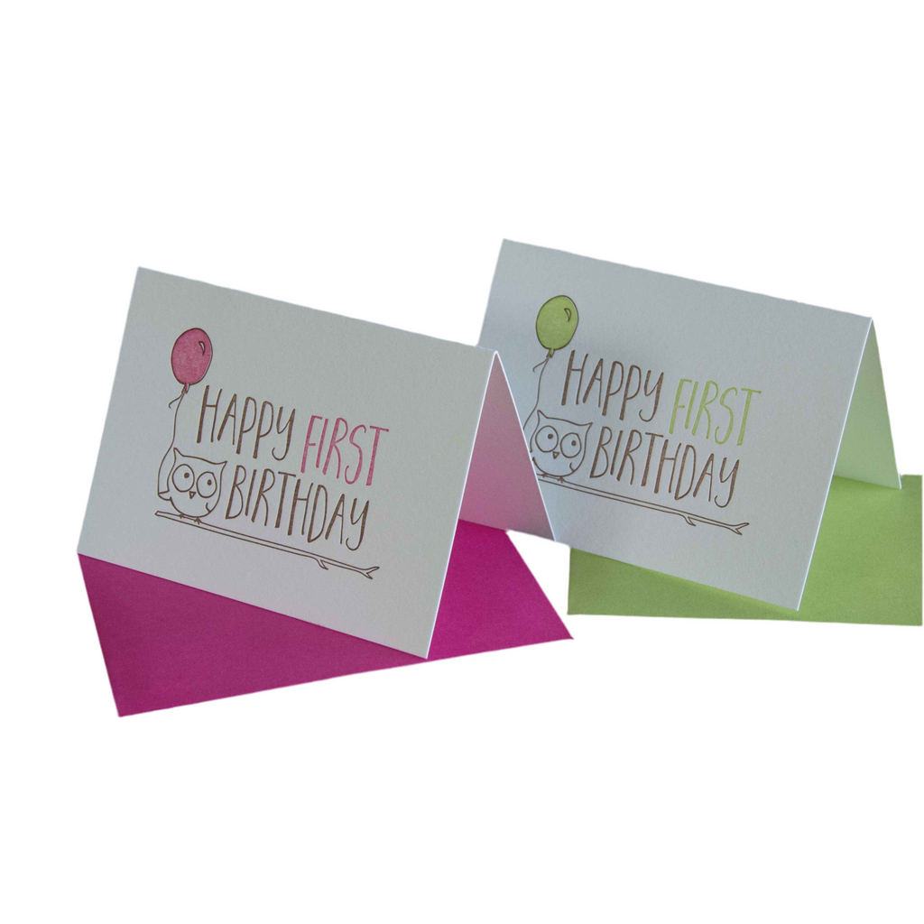Happy First Birthday card, letterpress printed animals