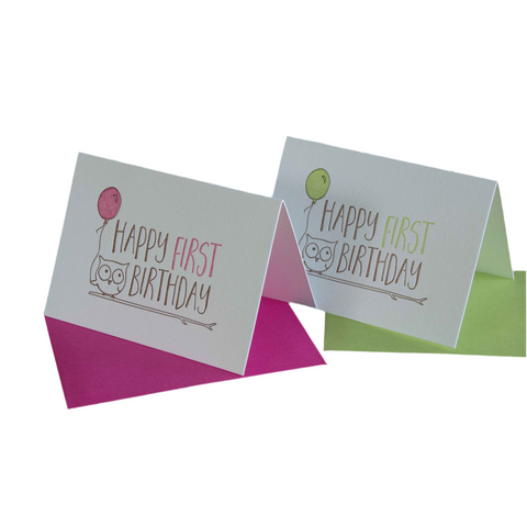 Happy First Birthday card, letterpress printed animals
