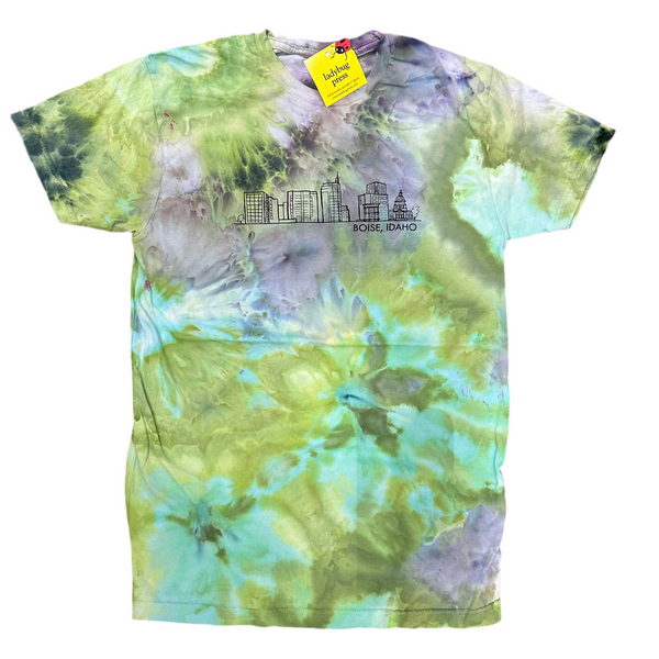 Ice Dyed Boise Skyline T-shirt, screen printed with eco-friendly waterbased inks, adult sizes