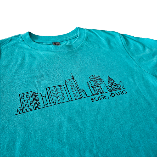 Youth Boise Skyline Aqua T-Shirt, Eco Friendly Water based inks