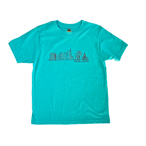 Youth Boise Skyline Aqua T-Shirt, Eco Friendly Water based inks