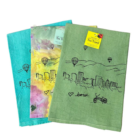 Dyed Boise Balloon Tea Towel, Screen Printed flour sack towel