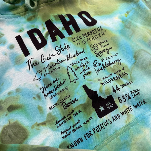 Ice Dyed Idaho Facts Pullover Hoodie. Screen Printed Sweatshirt with Eco Friendly Waterbased Inks