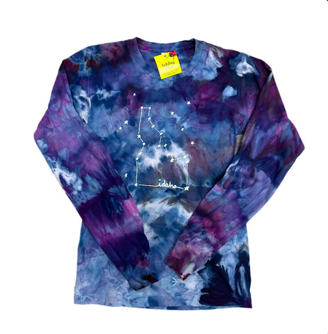 Adult Ice Dyed Idaho Constellation Longsleeve, screen printed with eco-friendly waterbased inks, adult sizes