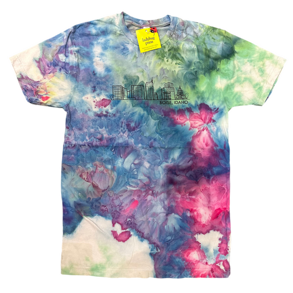 Ice Dyed Boise Skyline T-shirt, screen printed with eco-friendly waterbased inks, adult sizes