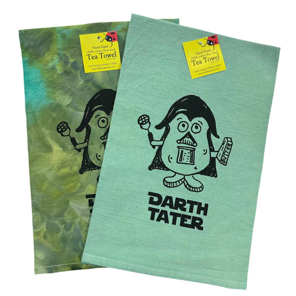 Dyed Darth Tater Tea Towel, Hand drawn and Screen Printed flour sack towel