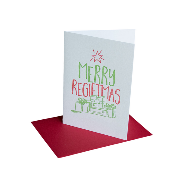 Merry Regiftmas holiday card, letterpress printed, eco friendly