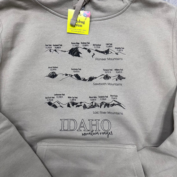 Idaho Ranges Hoodie, screen printed with eco-friendly waterbased inks, adult sizes