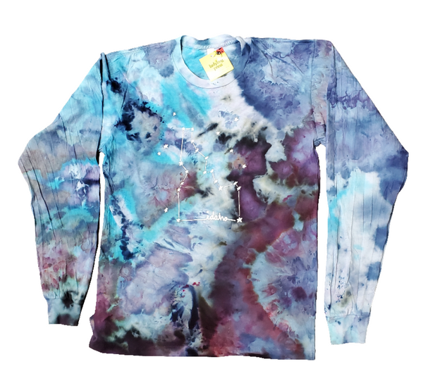 Adult Ice Dyed Idaho Constellation Longsleeve, screen printed with eco-friendly waterbased inks, adult sizes