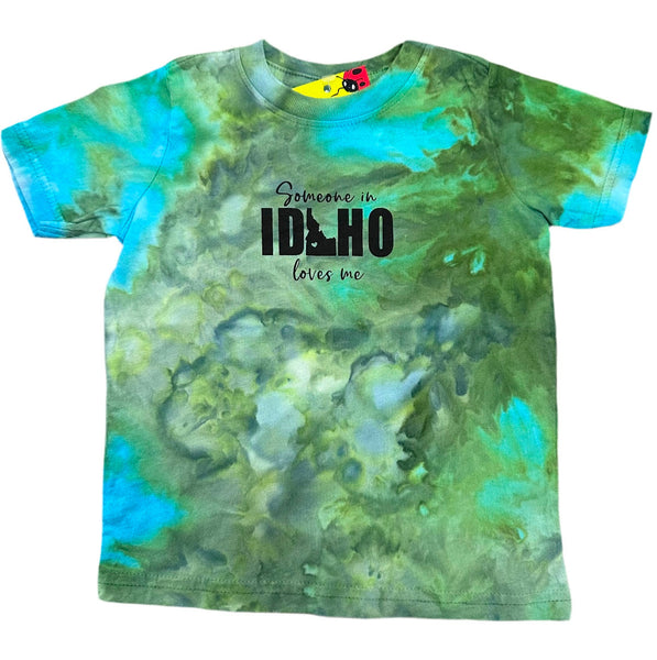Toddler Ice Dyed Someone in Idaho Loves Me T-shirt, screen printed with eco-friendly waterbased inks, toddler sizes