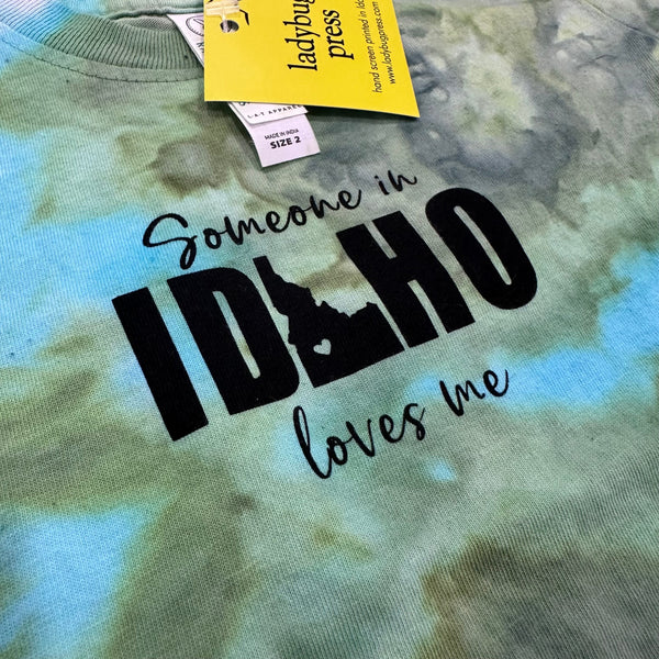 Toddler Ice Dyed Someone in Idaho Loves Me T-shirt, screen printed with eco-friendly waterbased inks, toddler sizes