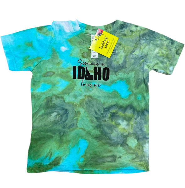 Toddler Ice Dyed Someone in Idaho Loves Me T-shirt, screen printed with eco-friendly waterbased inks, toddler sizes