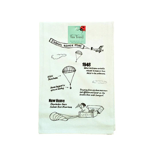 Idaho Beaver Story Tea Towel, Screen Printed flour sack towel