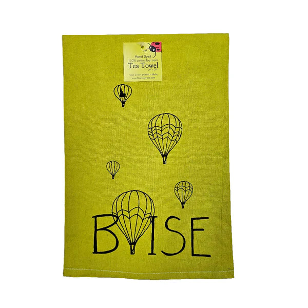 Dyed Balloons Over Boise Tea Towel, Hand drawn and Screen Printed flour sack towel