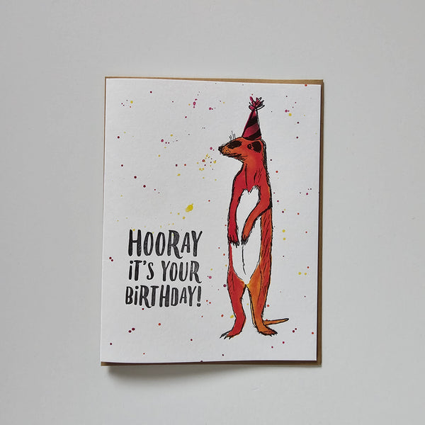Hooray meerkat, birthday illustration letterpress eco friendly