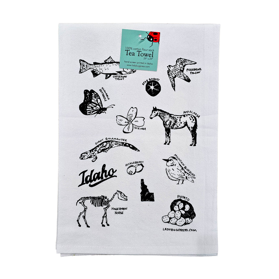 Symbols of Idaho Tea Towel, Screen Printed flour sack towel