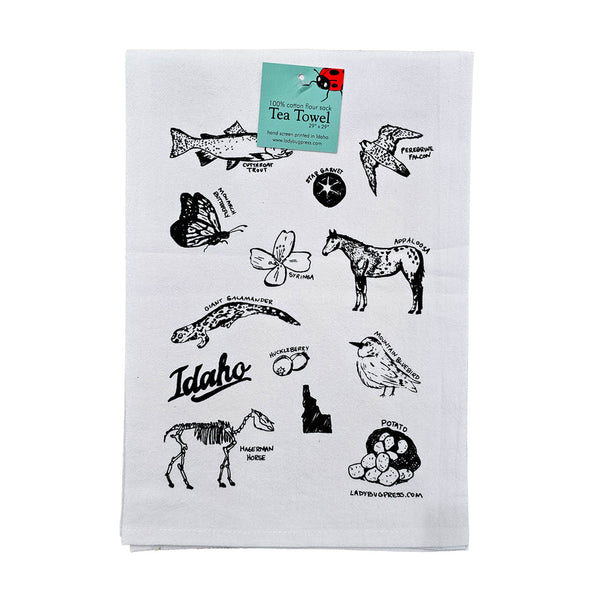 Symbols of Idaho Tea Towel, Screen Printed flour sack towel