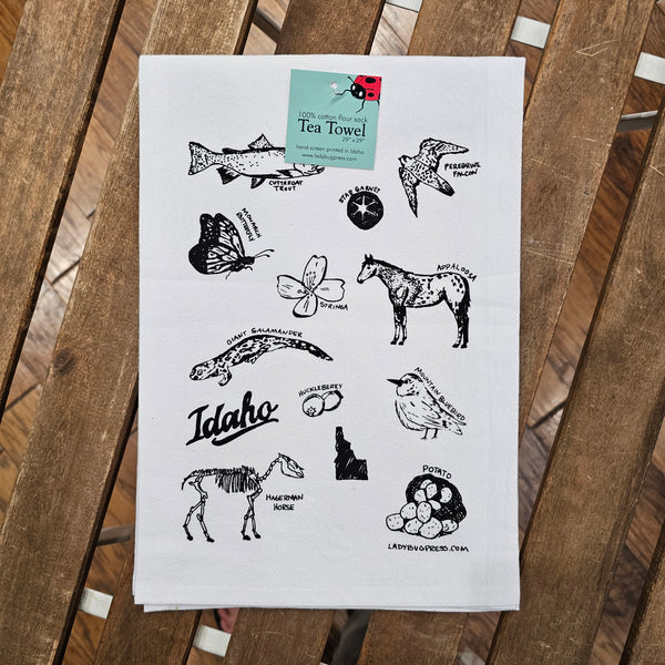 Symbols of Idaho Tea Towel, Screen Printed flour sack towel