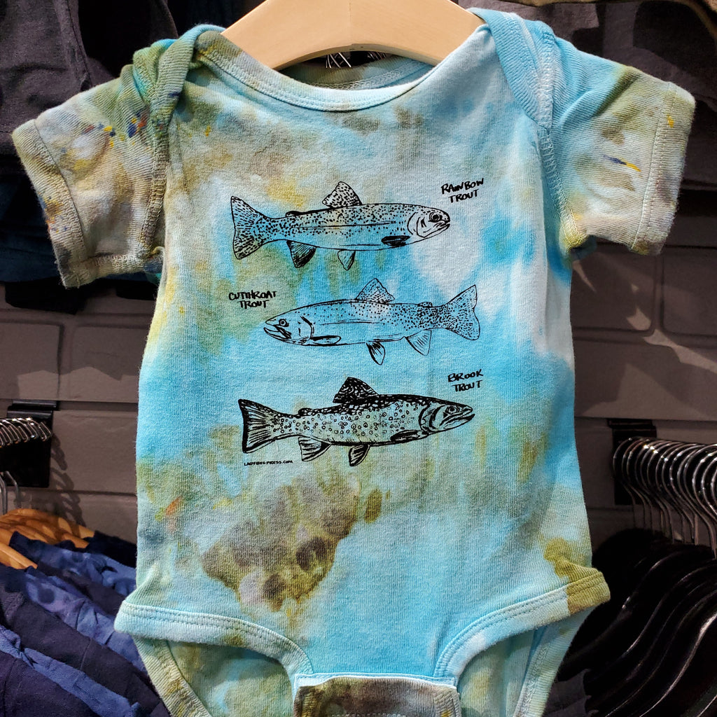 Trout Onesie, eco-friendly waterbased inks