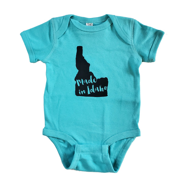 Made in Idaho Onesie, Assorted Color Options. Eco-friendly waterbased inks