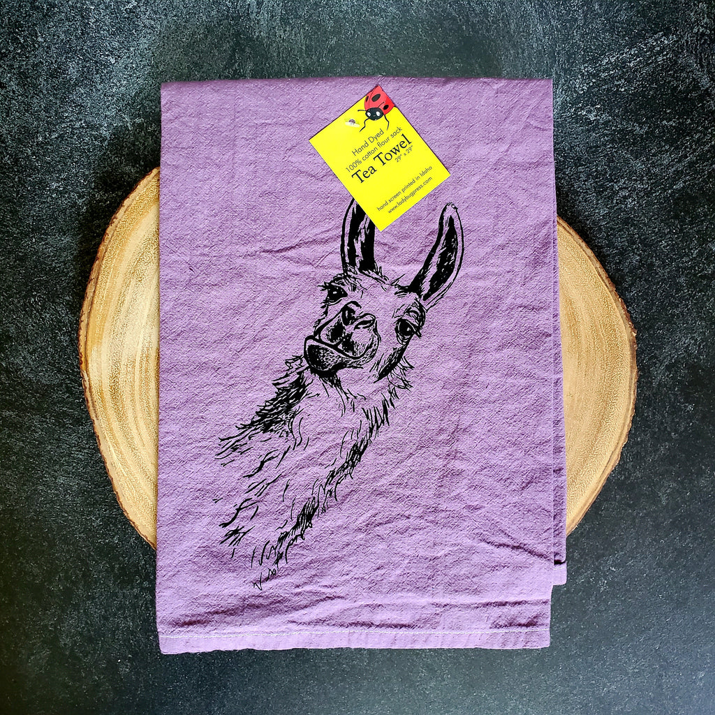 Dyed Llama tea towel, Screen Printed flour sack towel