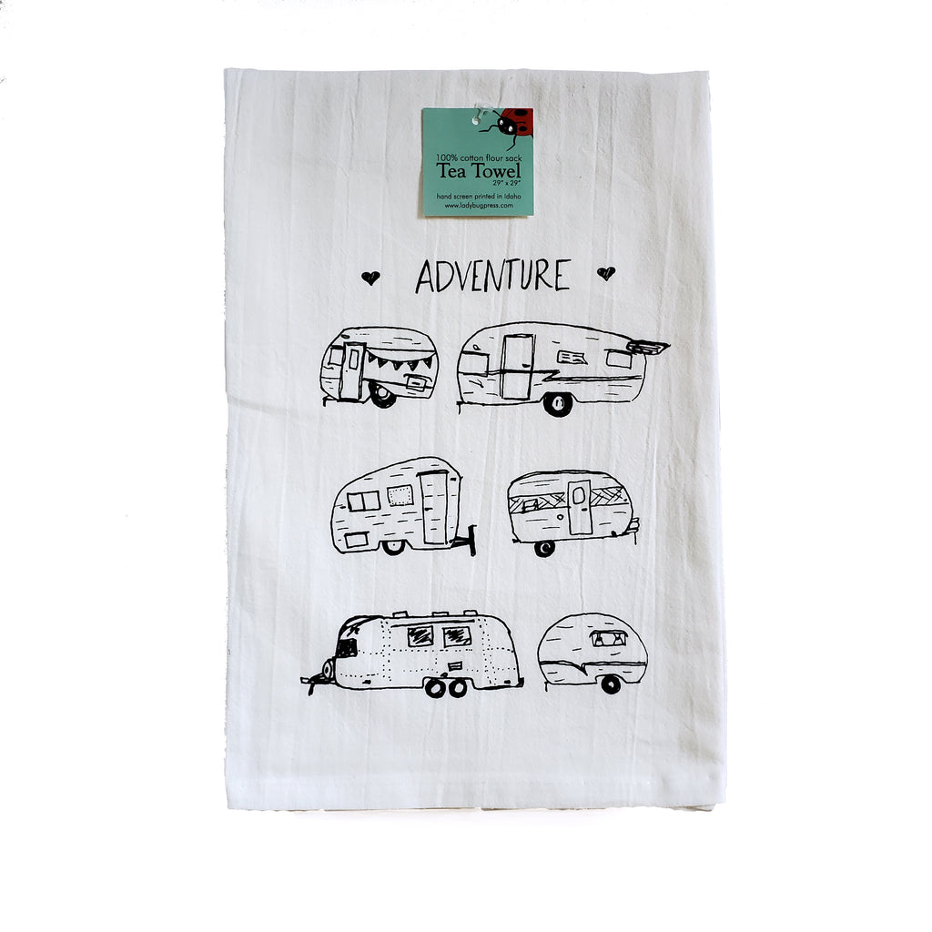 Vintage Campers Tea Towel, Screen printed flour sack towel