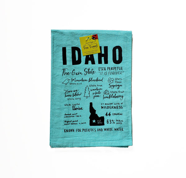 Dyed Idaho Facts Tea Towel, Hand drawn and Screen Printed flour sack towel