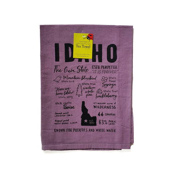 Dyed Idaho Facts Tea Towel, Hand drawn and Screen Printed flour sack towel