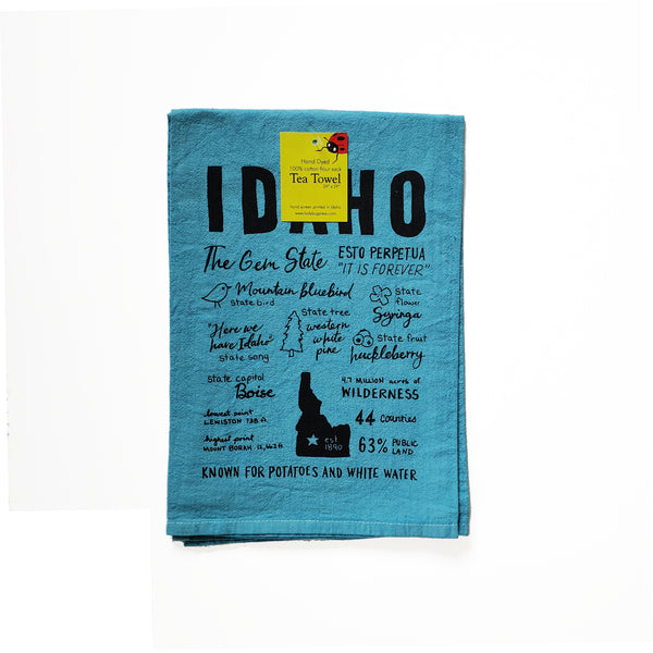 Dyed Idaho Facts Tea Towel, Hand drawn and Screen Printed flour sack towel