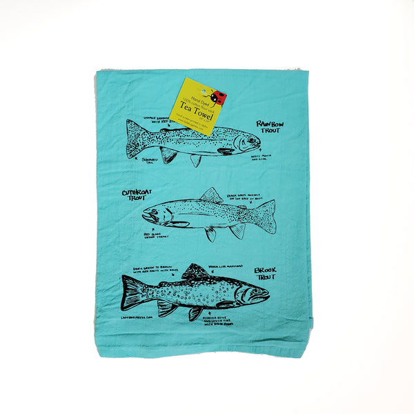 Dyed Trout Tea Towel, Screen Printed flour sack dish towel