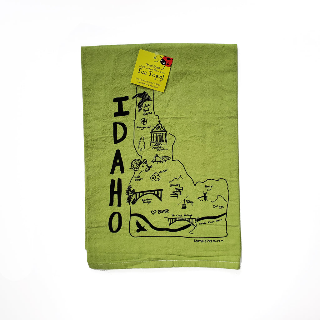 Dyed Idaho Map Tea Towel, Screen Printed flour sack towel