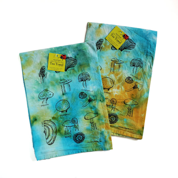 Dyed Mushroom Tea Towel, Screen Printed flour sack towel
