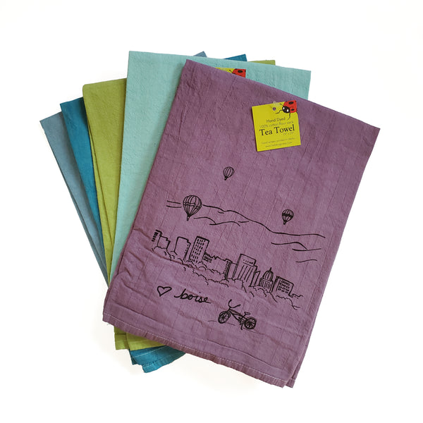 Dyed Boise Balloon Tea Towel, Screen Printed flour sack towel