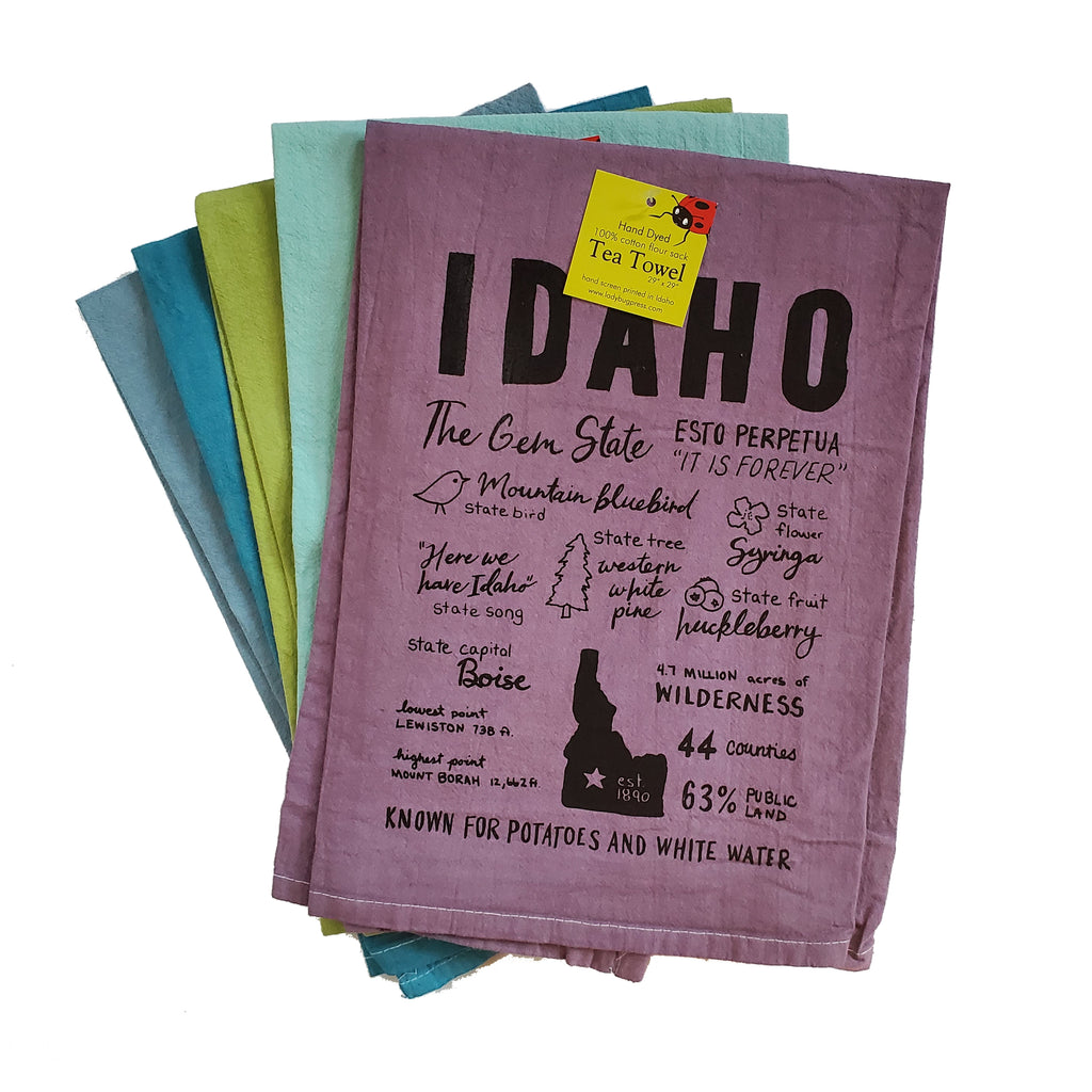 Dyed Idaho Facts Tea Towel, Hand drawn and Screen Printed flour sack towel