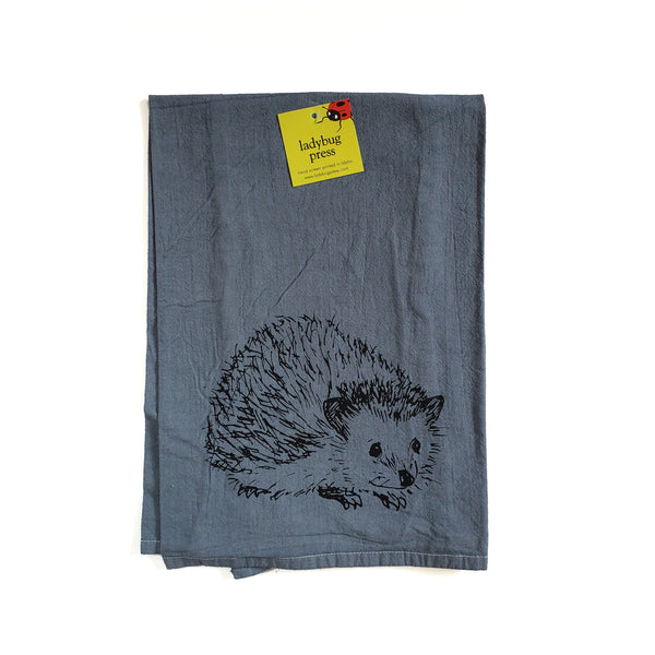Dyed Hedgehog Tea Towel, Screen Printed flour sack