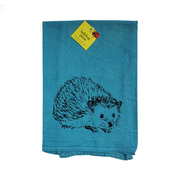 Dyed Hedgehog Tea Towel, Screen Printed flour sack