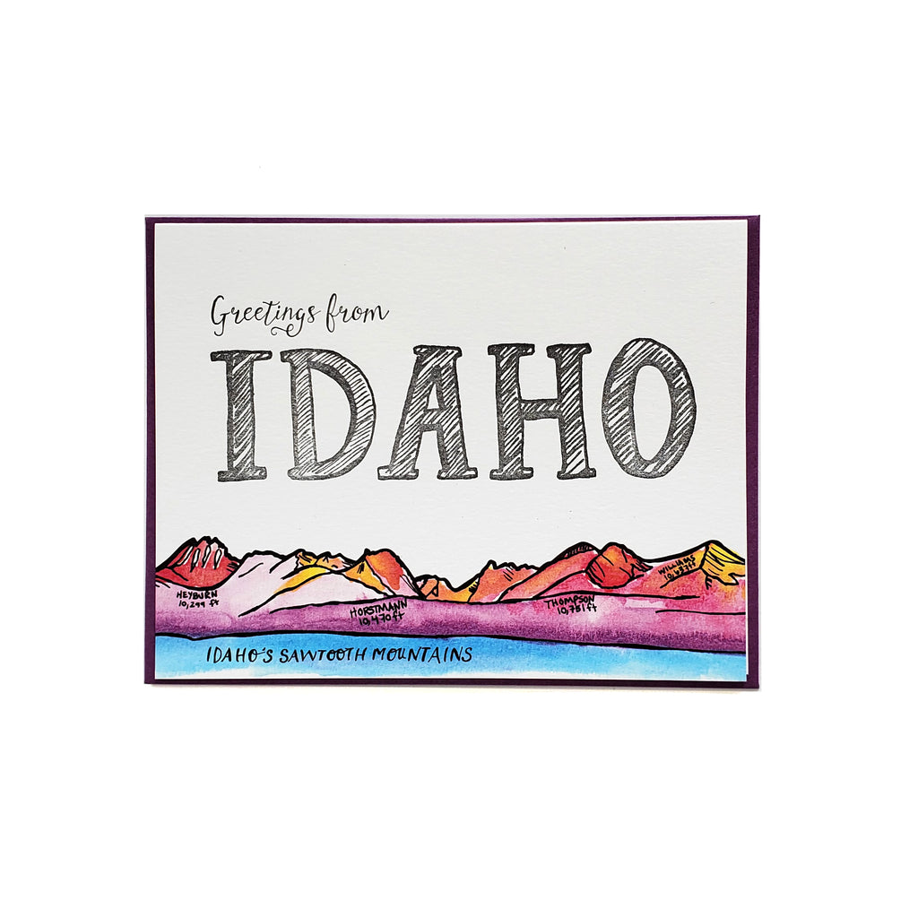 Greetings from Idaho, Sawtooths letterpress + watercolor card