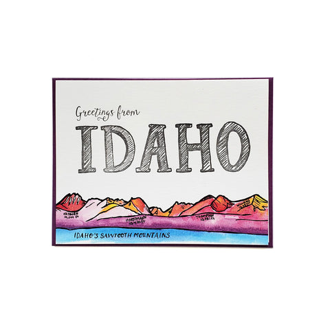 Greetings from Idaho, Sawtooths letterpress + watercolor card