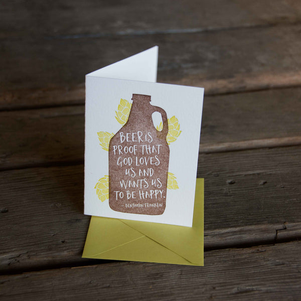 Growler illustration with Beer is proof quote by Benjamin Franklin, eco friendly