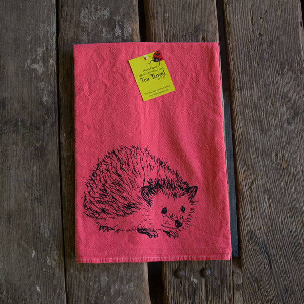 Dyed Hedgehog Tea Towel, Screen Printed flour sack