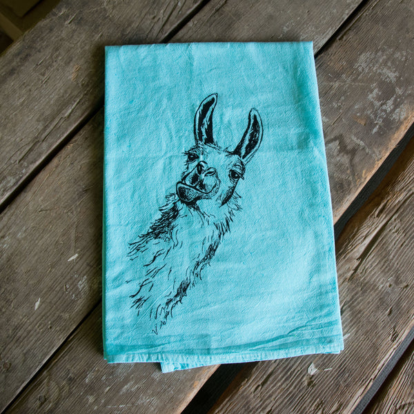 Dyed Llama tea towel, Screen Printed flour sack towel