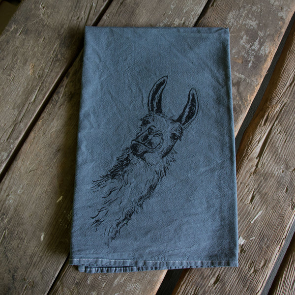 Dyed Llama tea towel, Screen Printed flour sack towel