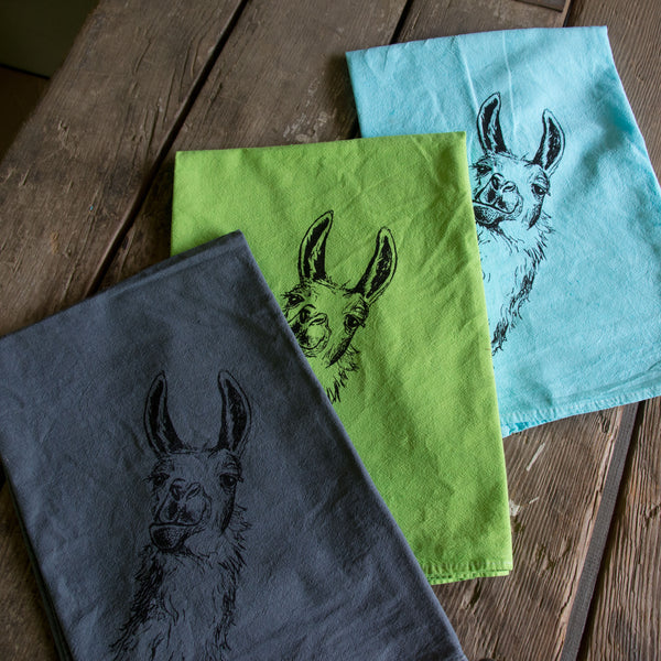 Dyed Llama tea towel, Screen Printed flour sack towel