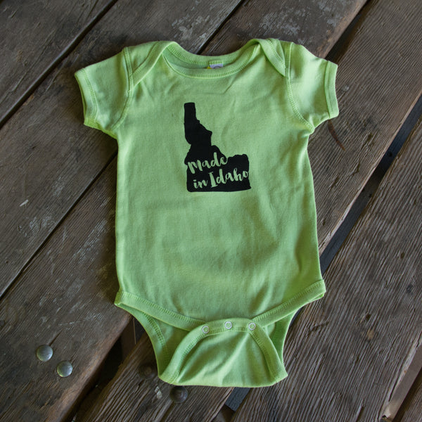 Made in Idaho Onesie, Assorted Color Options. Eco-friendly waterbased inks