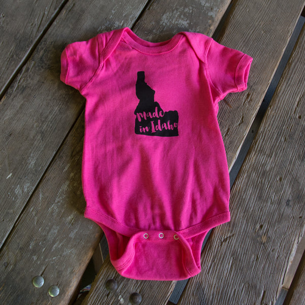 Made in Idaho Onesie, Assorted Color Options. Eco-friendly waterbased inks