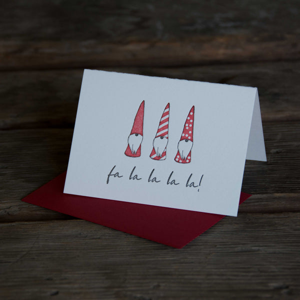 fa la la la gnomes, single card, letterpress printed, eco friendly