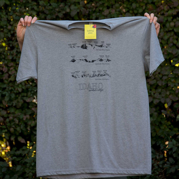 Idaho Mountain Ranges Grey T-shirt, screen printed with eco-friendly waterbased inks, adult sizes