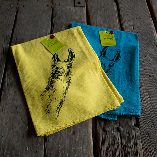 Dyed Llama tea towel, Screen Printed flour sack towel